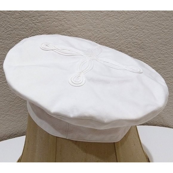 Vintage 50s Beret Tam Sailor Cap Celtic Knot Soutache White Cotton Hat VTG 1950s - Picture 1 of 4